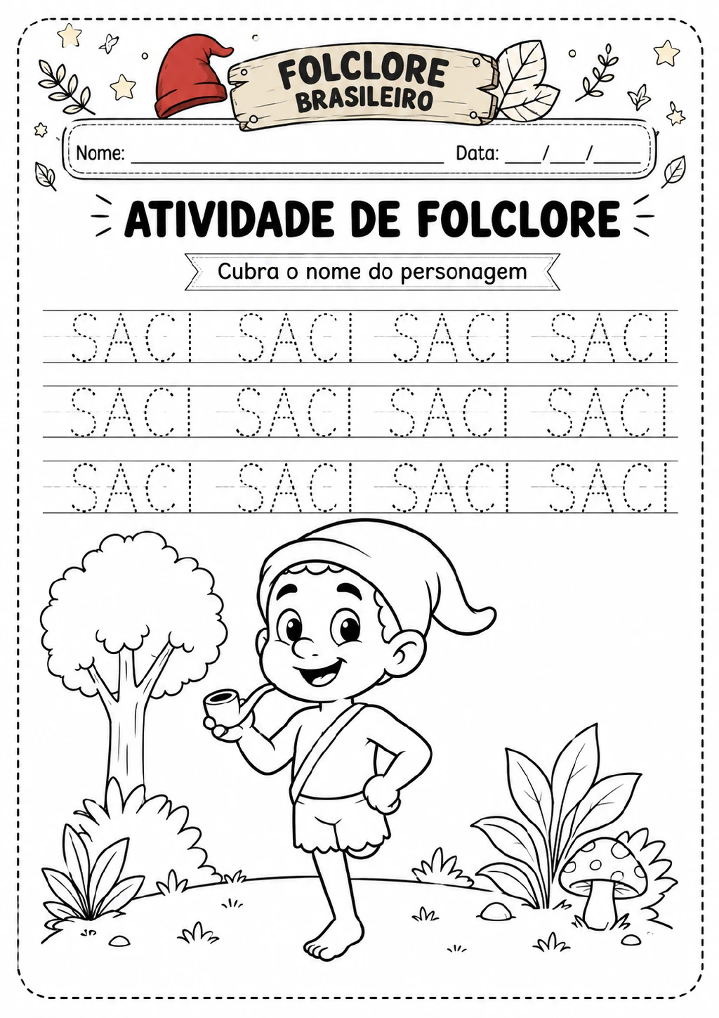 Saci com gorro vermelho e cachimbo em uma floresta com árvore e cogumelo; acima, três linhas pontilhadas repetem o nome SACI.