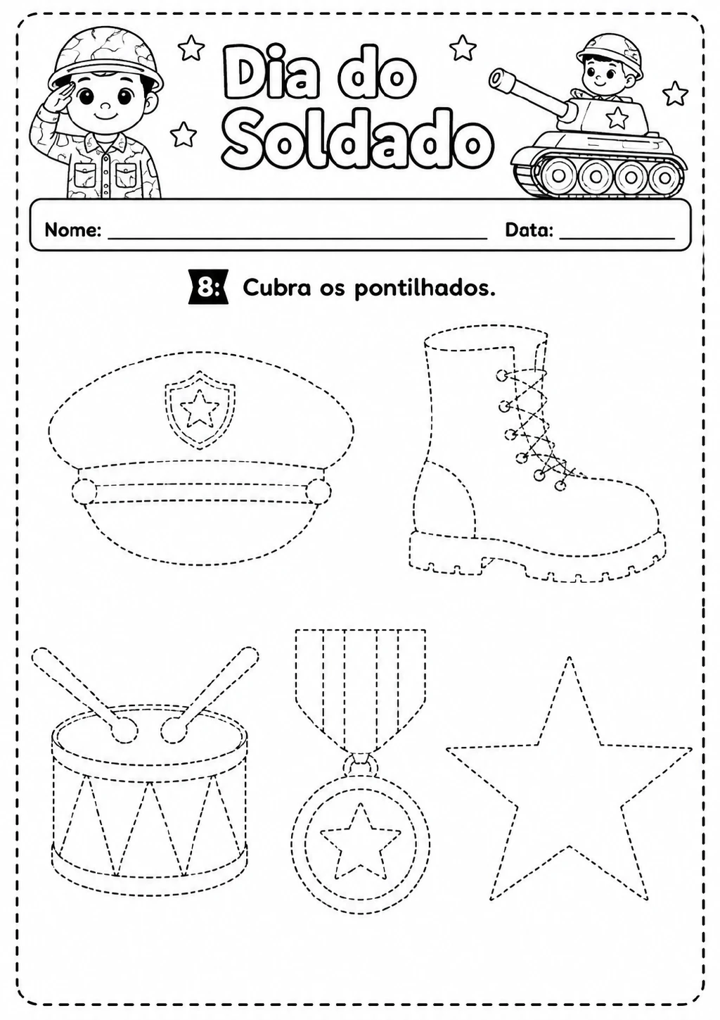 Contornos pontilhados de boné militar, coturno, tambor, medalha e estrela para cobrir.