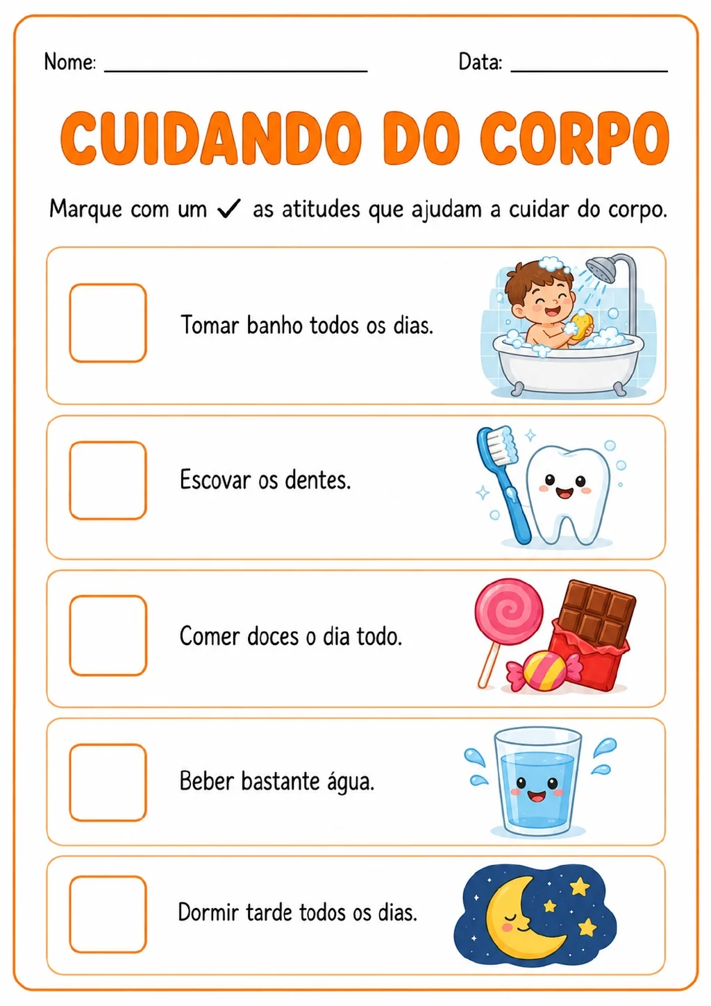 Cinco frases com caixas de marcação e ilustrações de banho, escova de dentes, doces, água e lua.