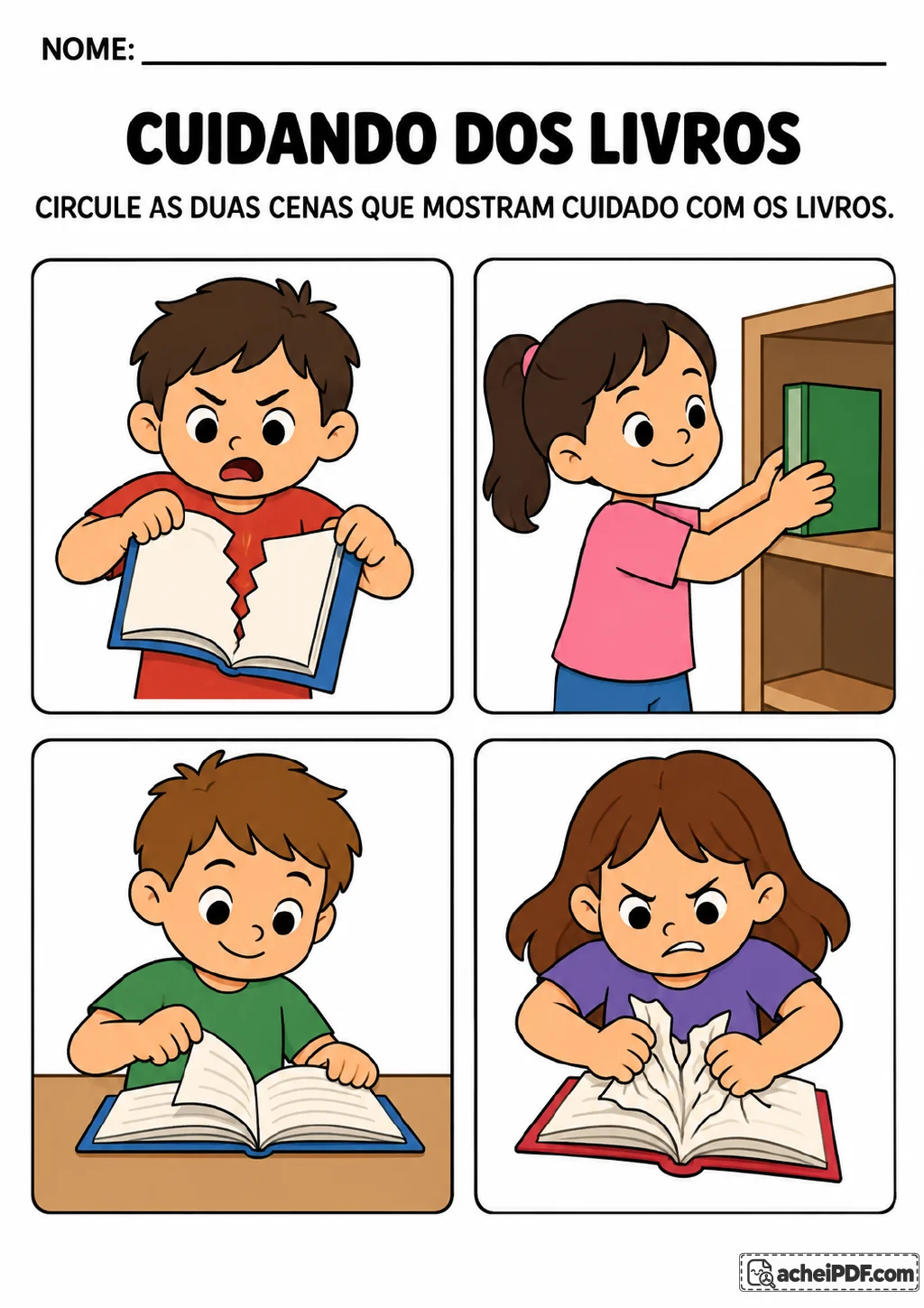 Quatro quadros com crianças e livros: dois mostram páginas rasgadas, um mostra um livro sendo guardado na estante.