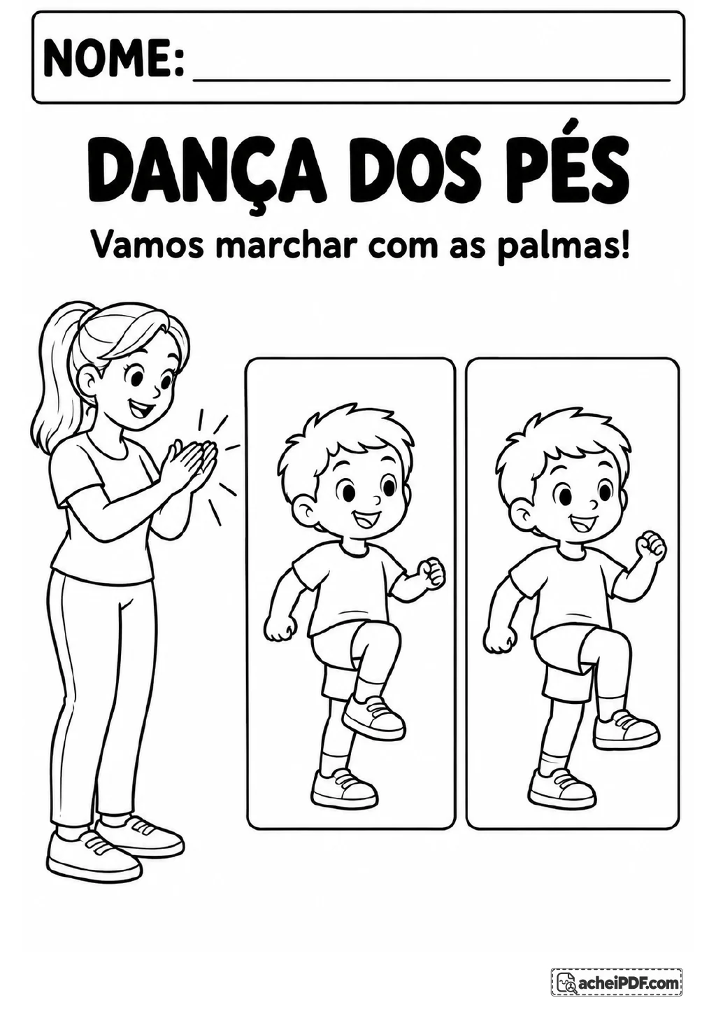 Mulher bate palmas ao lado de dois quadros que mostram um menino marchando com uma perna elevada de cada vez.