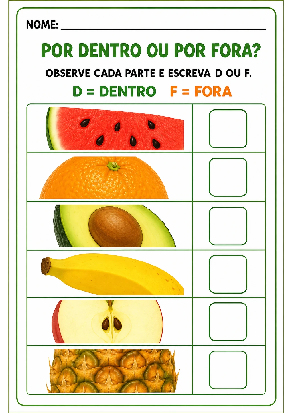 Tabela com partes de melancia, laranja, abacate, banana, maçã e abacaxi, legenda D igual a dentro e F igual a fora.