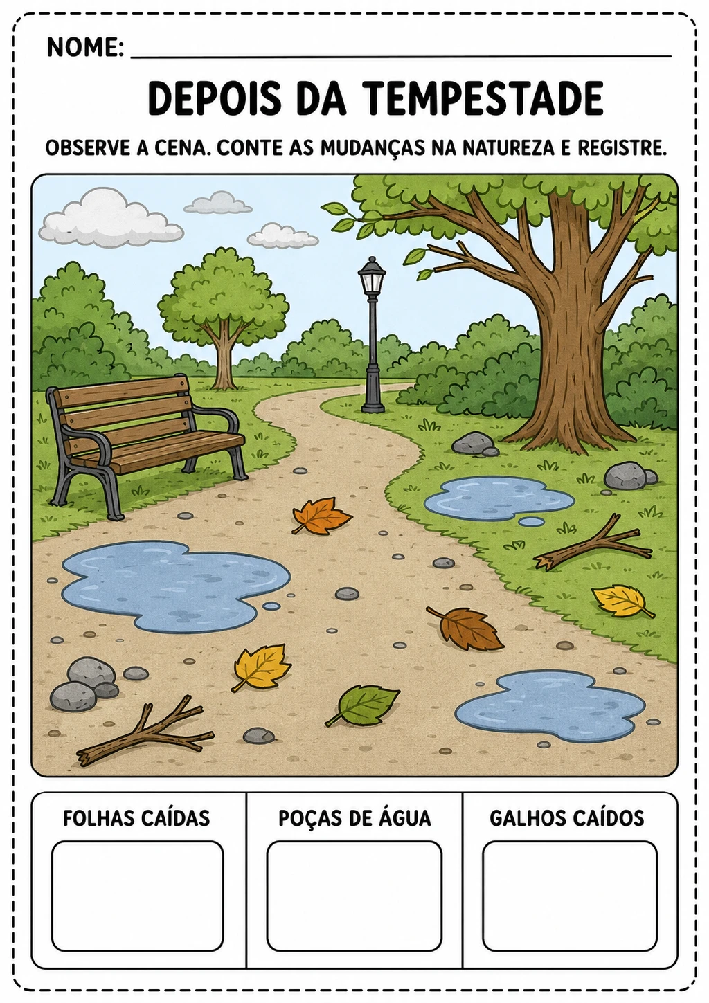 Cena de parque após a tempestade com 5 folhas caídas, 3 poças de água, 2 galhos caídos e campos para registrar os totais.