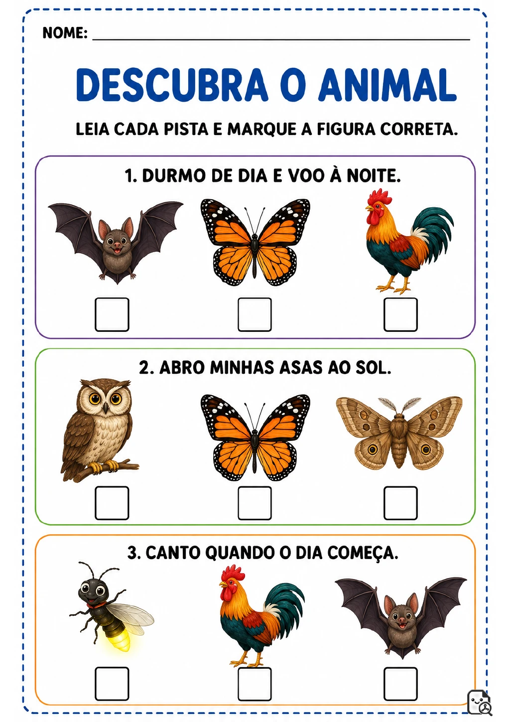 Três quadros numerados com pistas e três animais ilustrados em cada um, acompanhados de caixas de marcação.