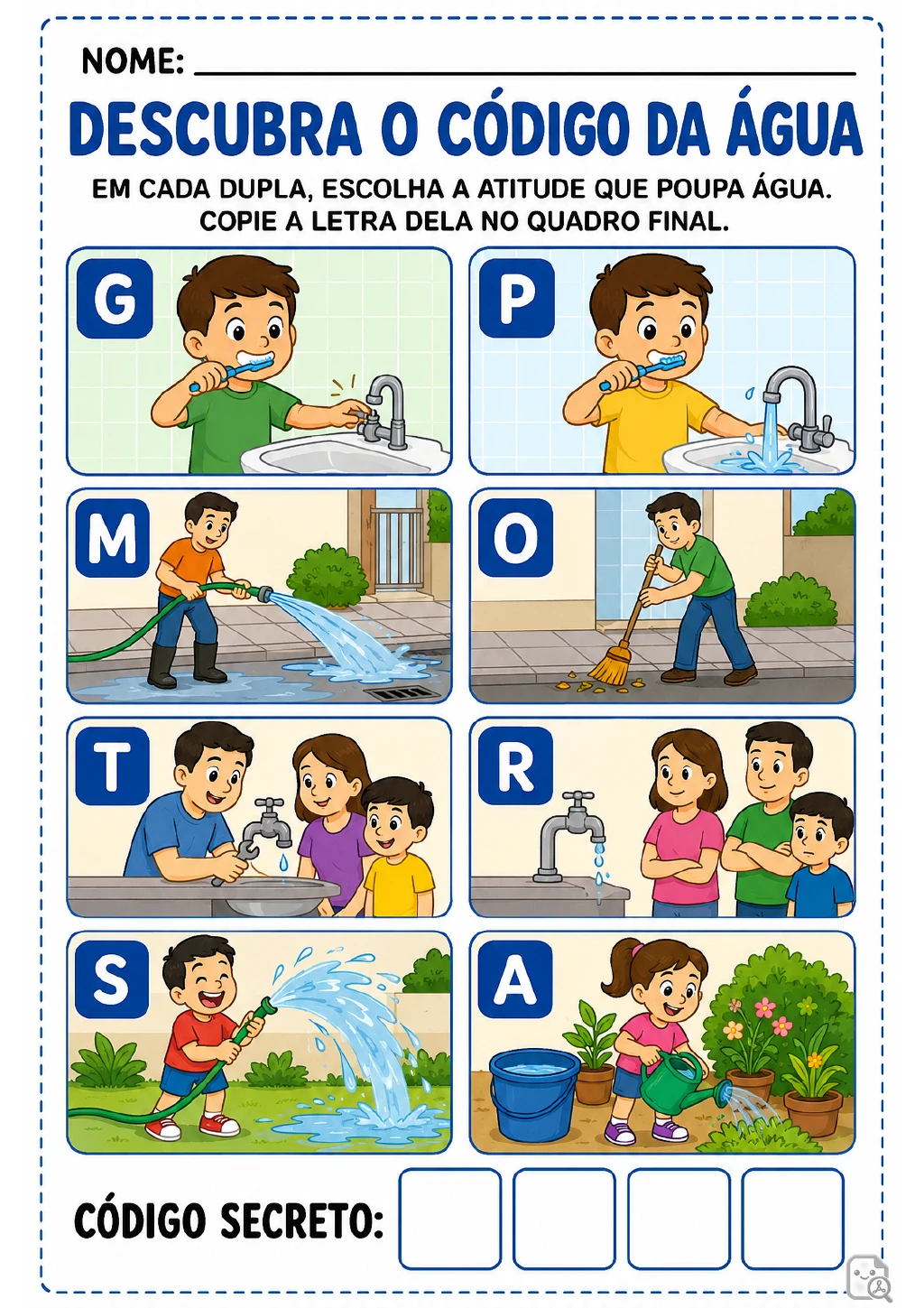 Quatro pares de cartões ilustrados e identificados por letras mostram atitudes de uso da água.