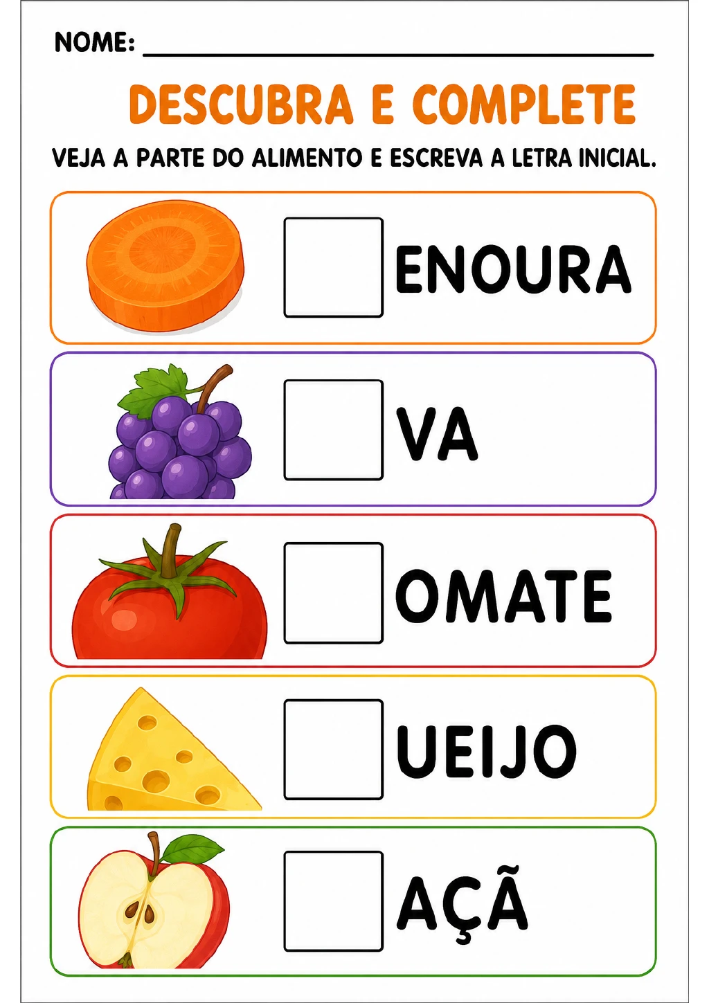 Ilustrações de cenoura, uva, tomate, queijo e maçã ao lado de palavras incompletas.