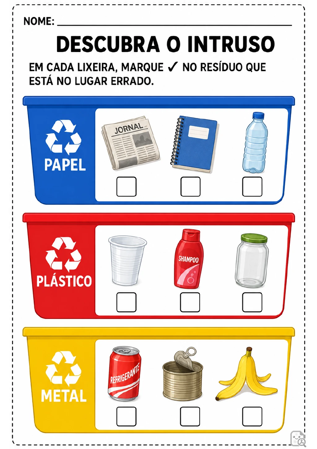 Três lixeiras identificadas como papel, plástico e metal, cada uma com três resíduos ilustrados.