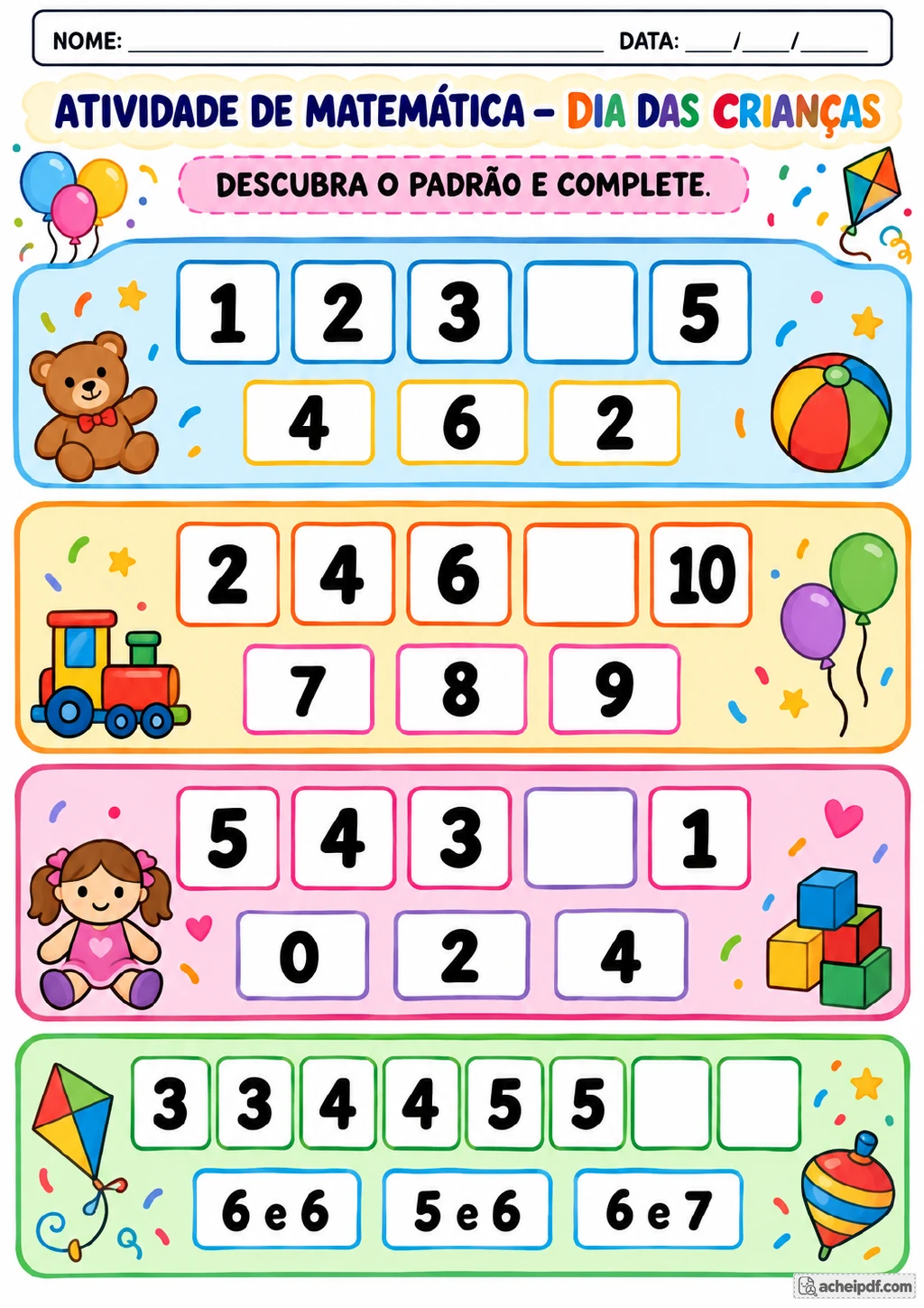 Quatro sequências numéricas coloridas com lacunas e opções de resposta, decoradas com balões, urso de pelúcia, bola, trem.