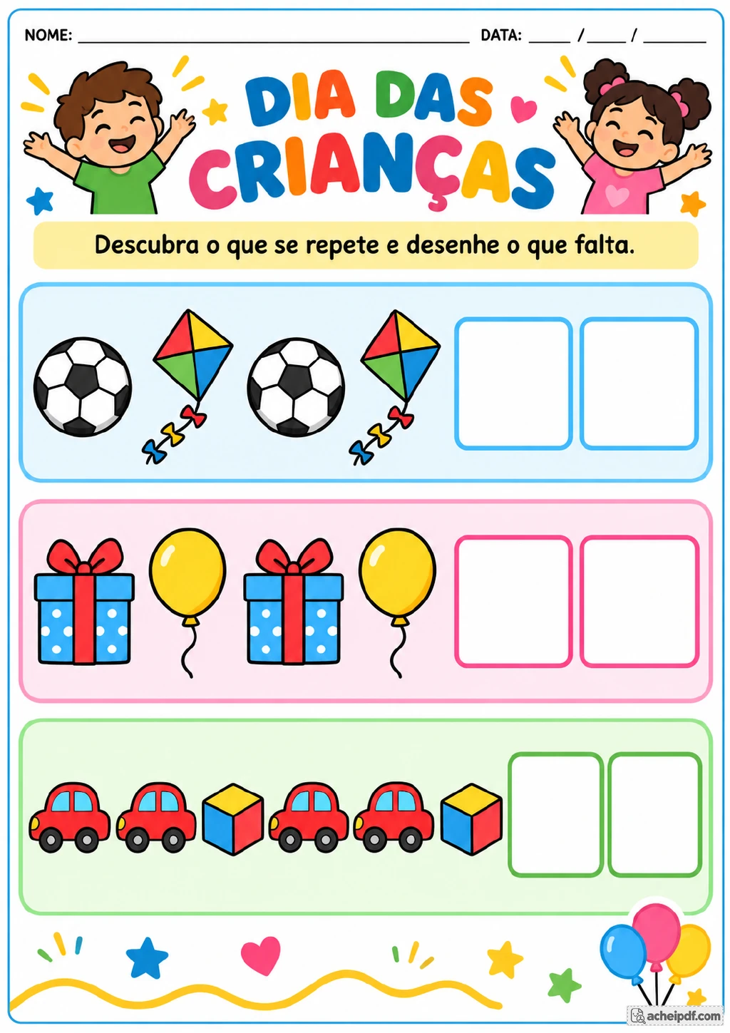 Três sequências ilustradas com bolas, pipas, presentes, balões, carrinhos e cubos, com espaços vazios para completar.