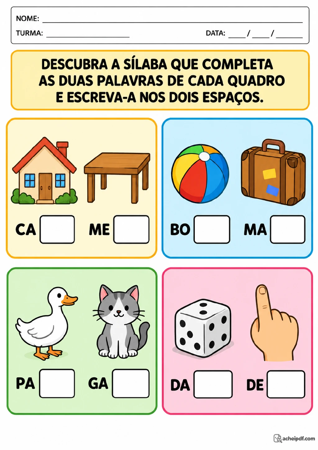Quatro quadros coloridos com pares de desenhos e palavras incompletas: casa e mesa, bola e mala, pato e gato, dado e dedo.