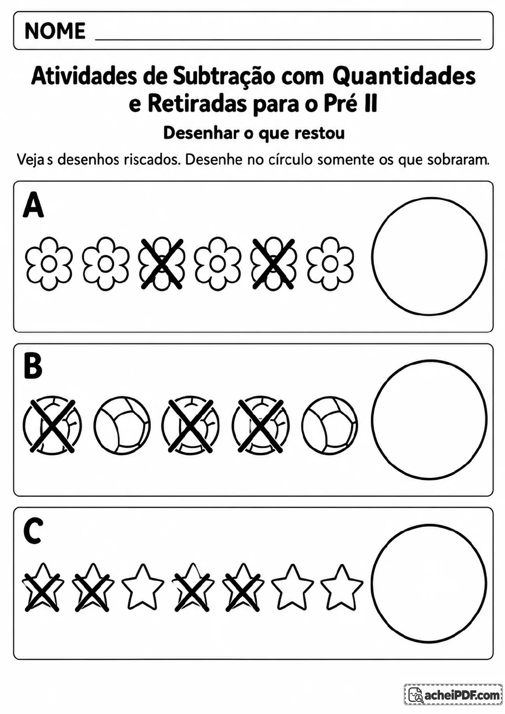 Três faixas identificadas por A, B e C mostram flores, bolas e estrelas, algumas riscadas.