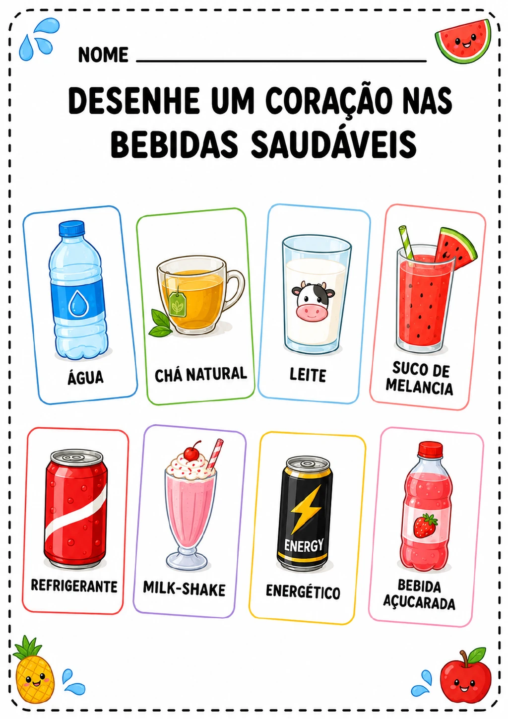 Oito cartões de bebidas ilustradas: água, chá natural, leite, suco de melancia, refrigerante, milk-shake.