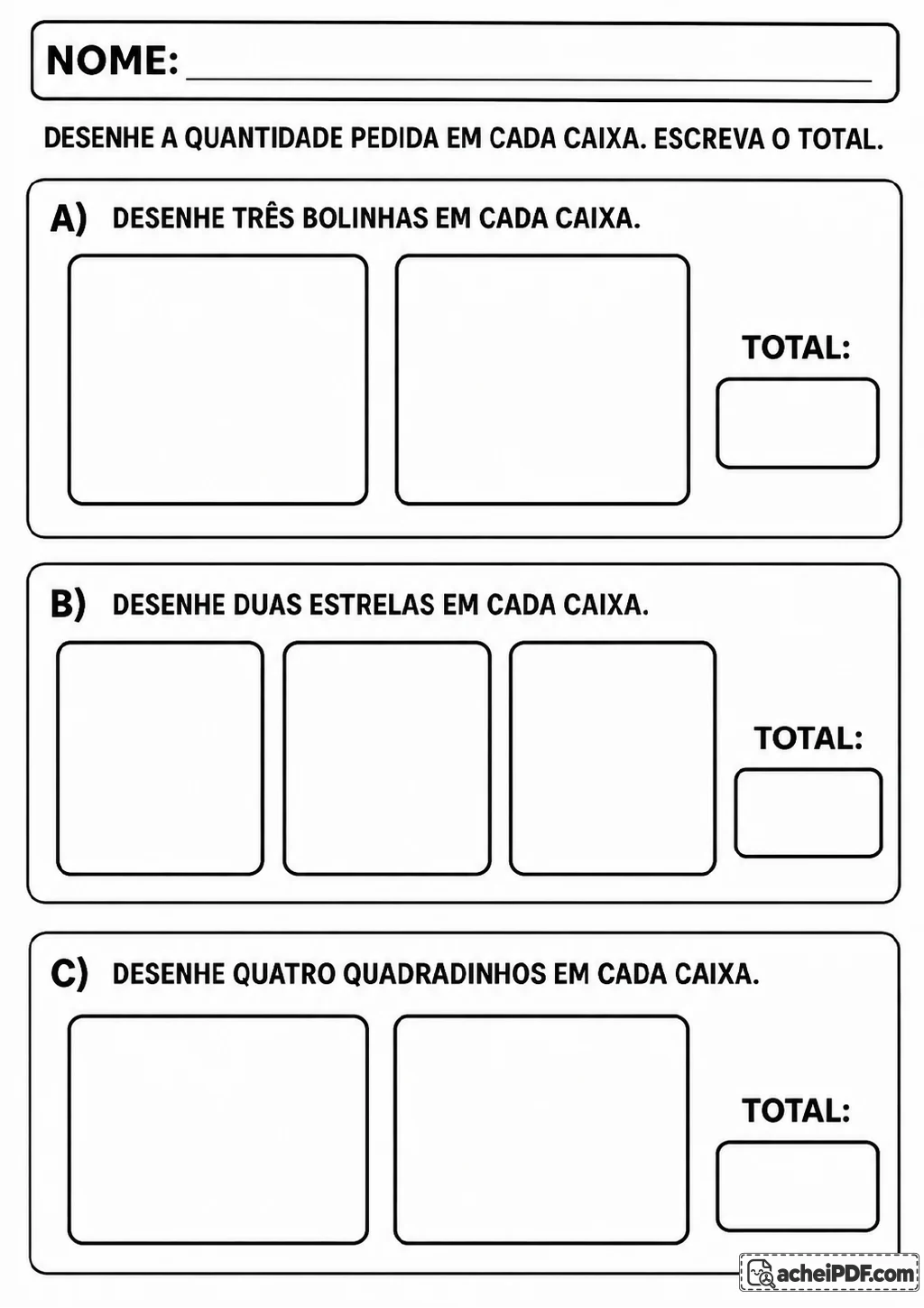 Três blocos em preto e branco com caixas vazias para desenhar três bolinhas, duas estrelas e quatro quadradinhos.