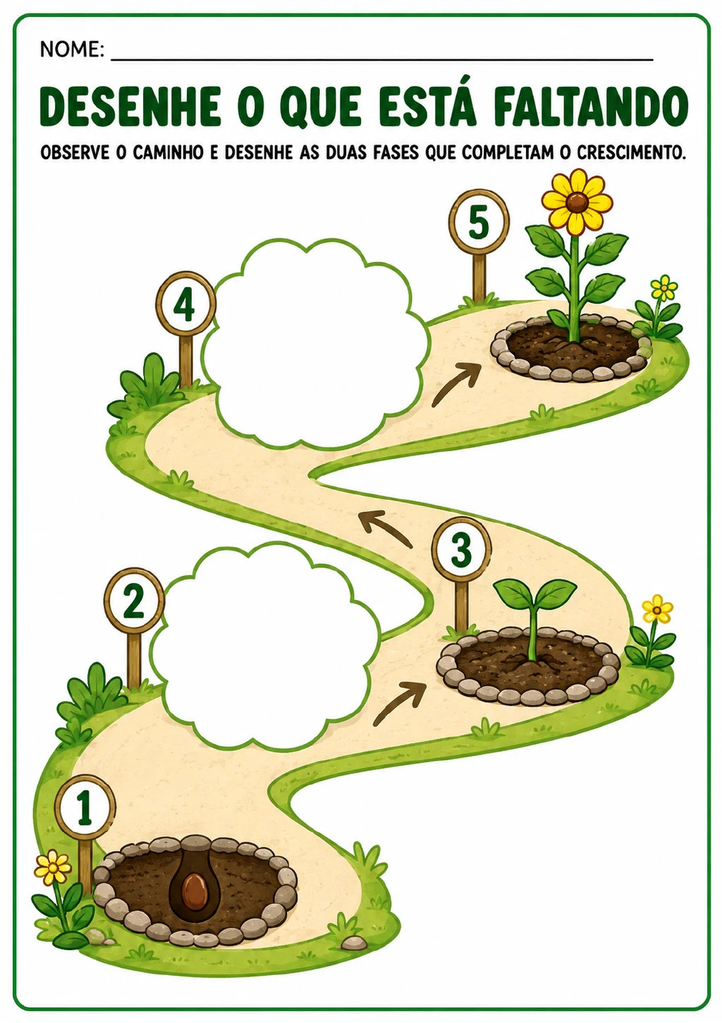 Caminho sinuoso com cinco etapas numeradas, semente na etapa 1, broto na etapa 3.