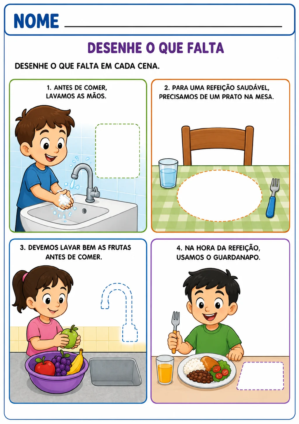 Quatro cenas numeradas de higiene e alimentação têm espaços tracejados para desenhar itens ausentes.