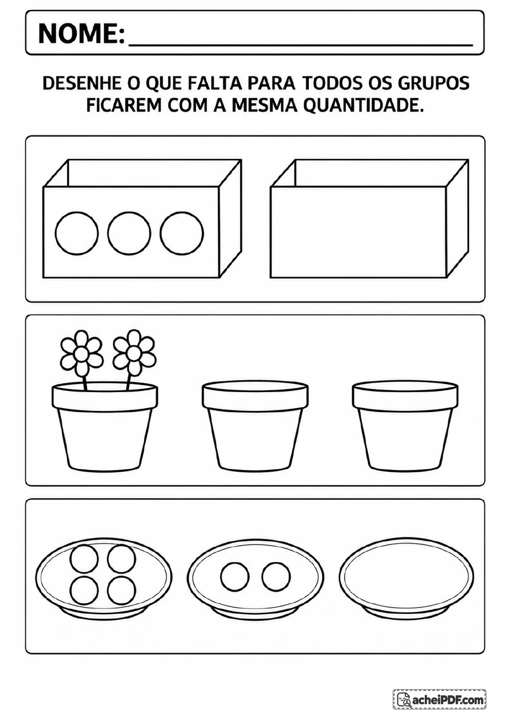 Três conjuntos para completar: uma caixa com três círculos, um vaso com duas flores e pratos com quatro, duas e nenhuma bola.