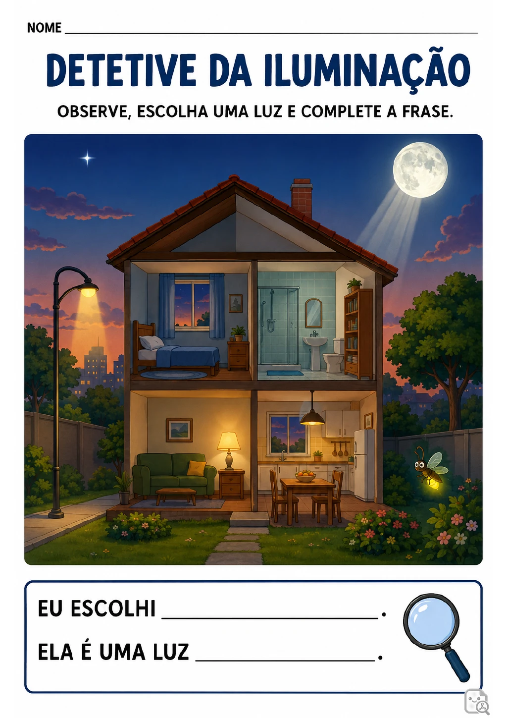 Casa aberta em cena noturna com Lua, poste de luz, abajur e vaga-lume, além de frases.
