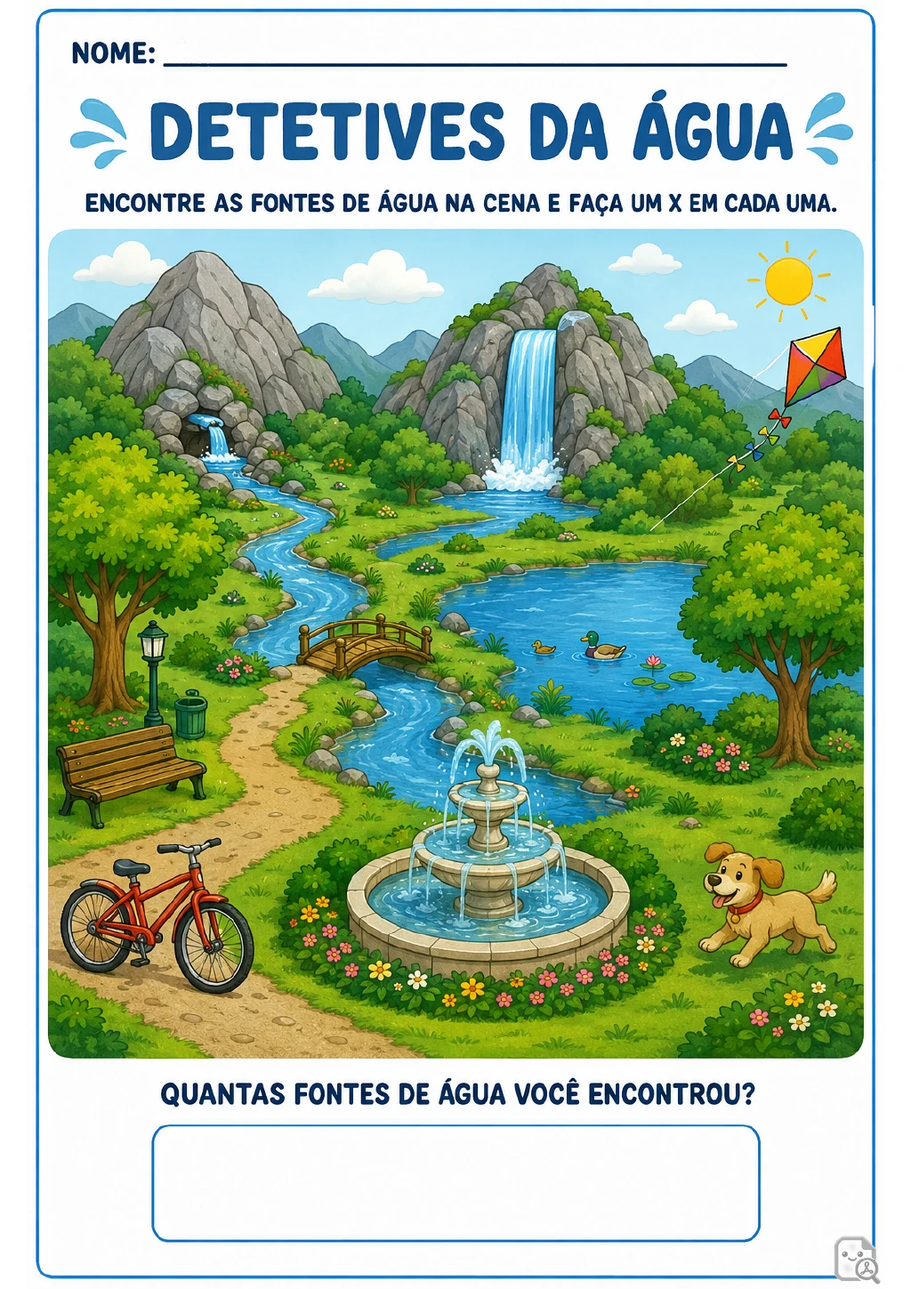 Paisagem com cachoeiras entre montanhas, rio, lago com patos e fonte ornamental em primeiro plano, além de ponte.