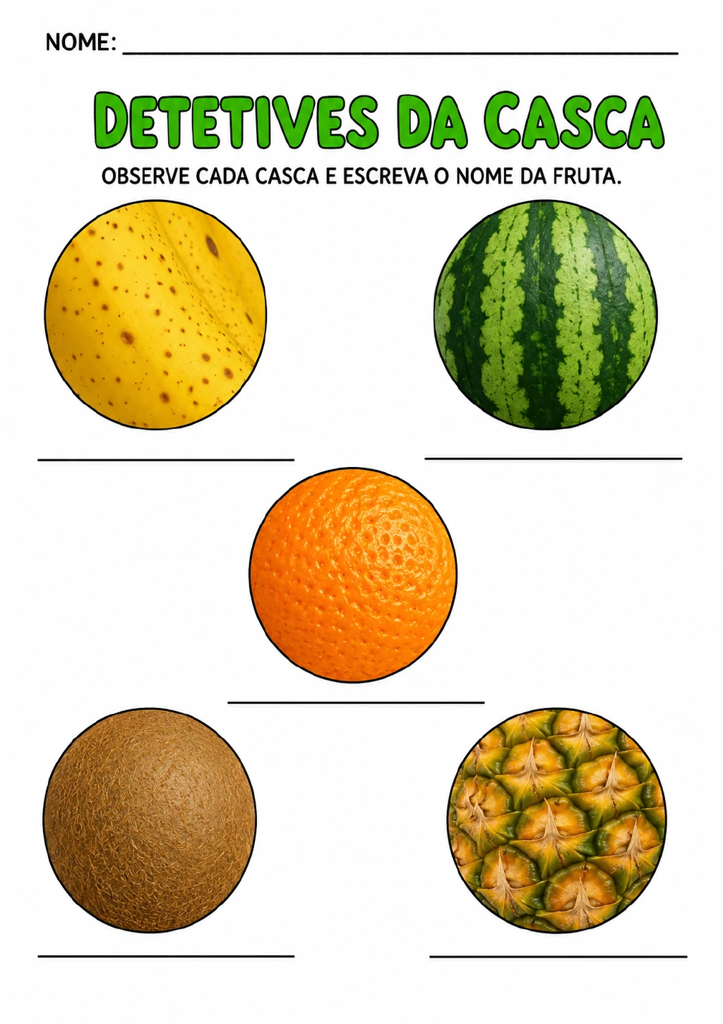 Cinco imagens circulares com texturas de cascas de banana, melancia, laranja, kiwi e abacaxi.