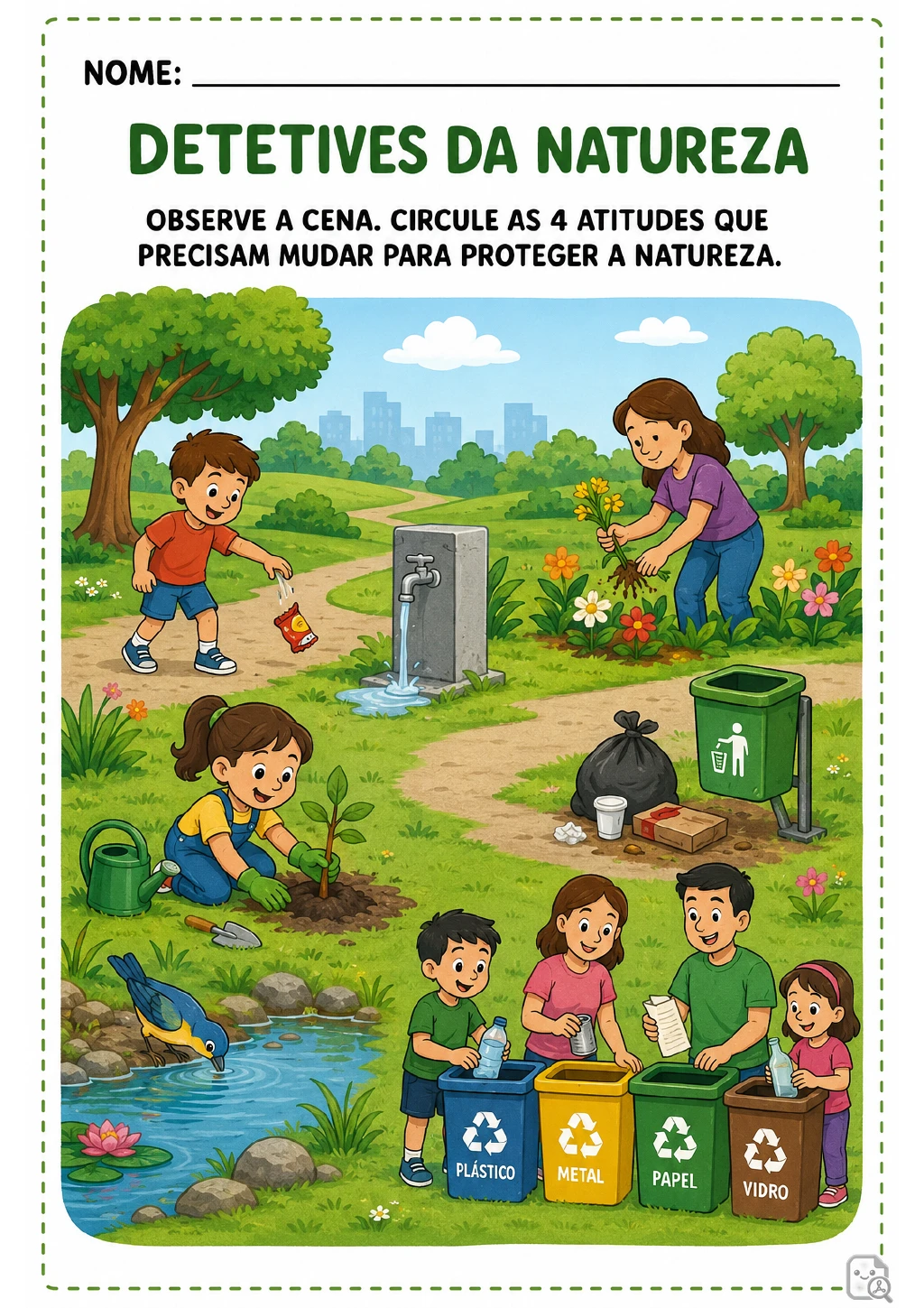 Cena de parque com uma criança jogando uma embalagem no chão, uma torneira aberta desperdiçando água.