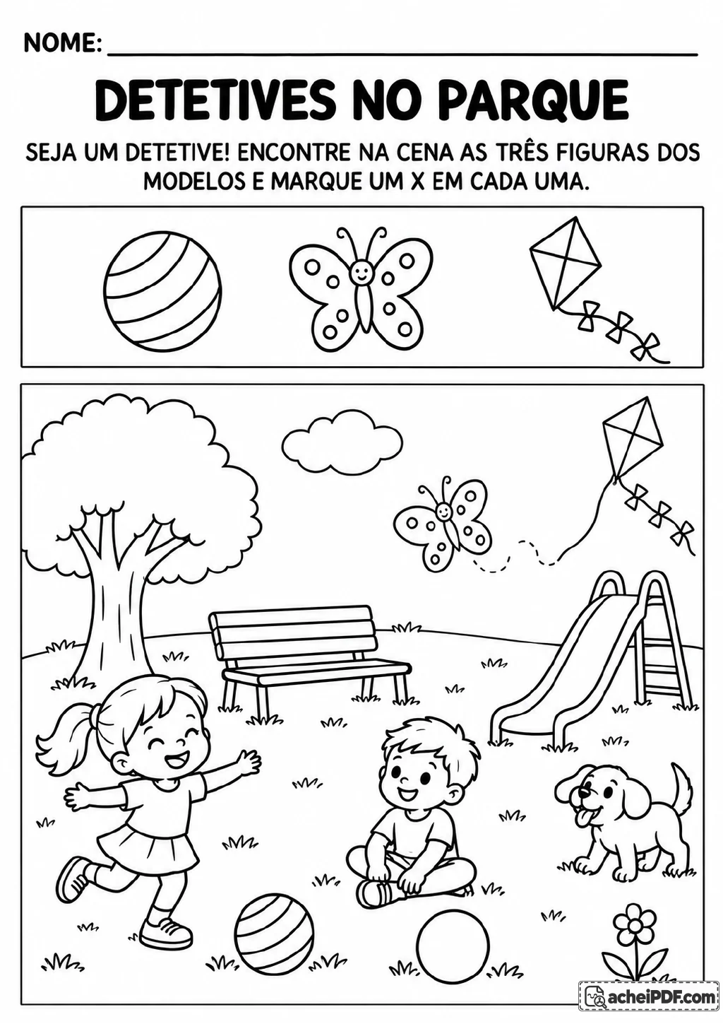 Cena de parque com árvore, banco, escorregador, duas crianças e cachorro; no topo, modelos de bola listrada.