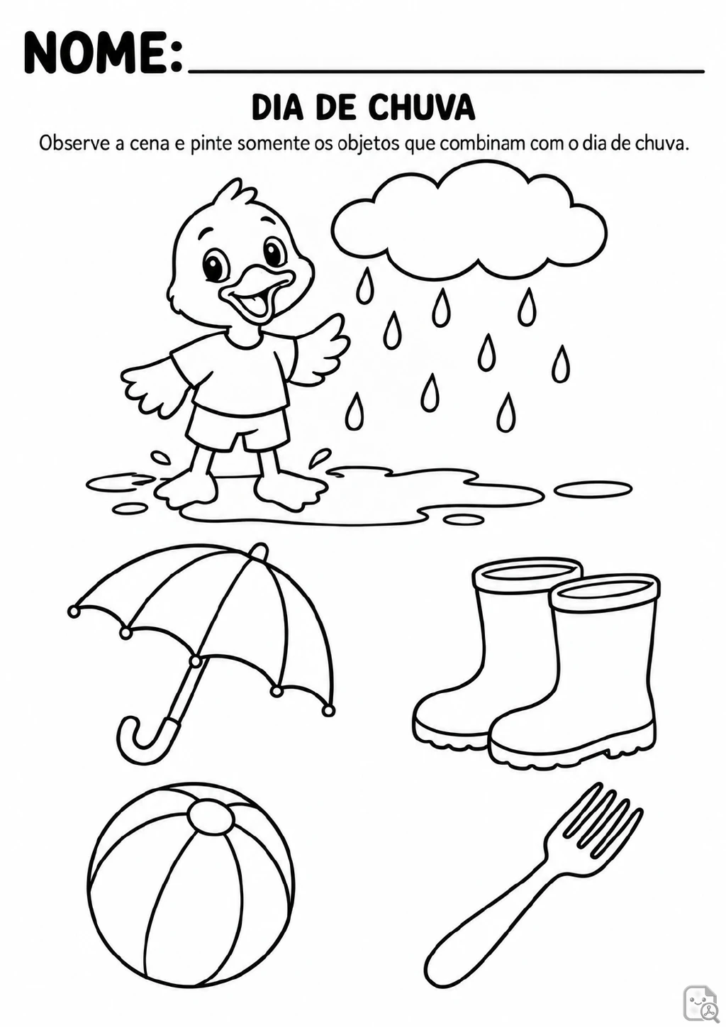 Pato sob uma nuvem com gotas de chuva e poças, com desenhos de guarda-chuva, botas, bola e garfo abaixo.