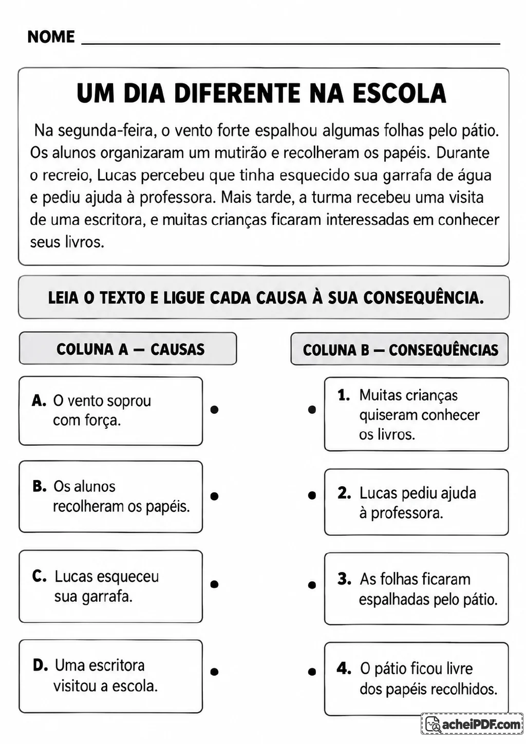 Texto sobre acontecimentos na escola e duas colunas para relacionar quatro causas, identificadas de A a D.