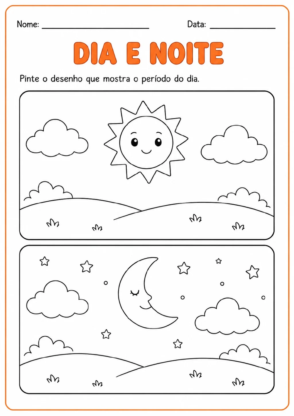 Duas cenas em preto e branco para colorir: acima, sol entre nuvens; abaixo, lua crescente, estrelas e nuvens.