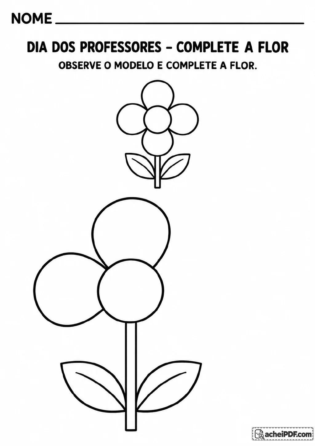 Flor-modelo com quatro pétalas ao lado de uma flor maior com uma pétala faltando; as duas têm caule e duas folhas.