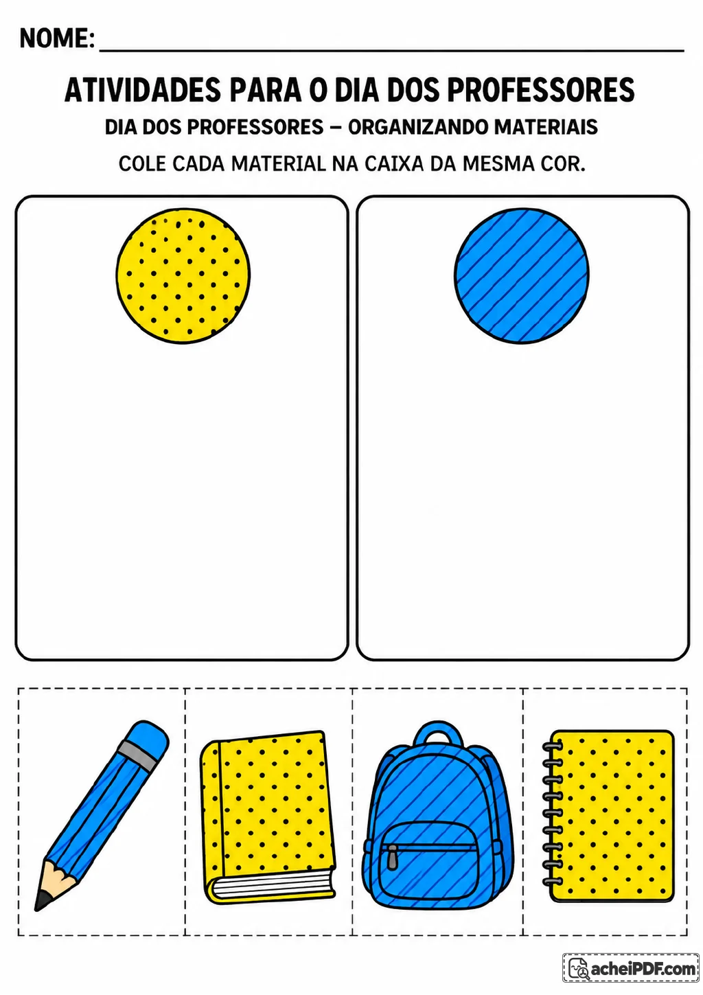 Caixa amarela com bolinhas e caixa azul listrada, com peças recortáveis de livro, caderno.