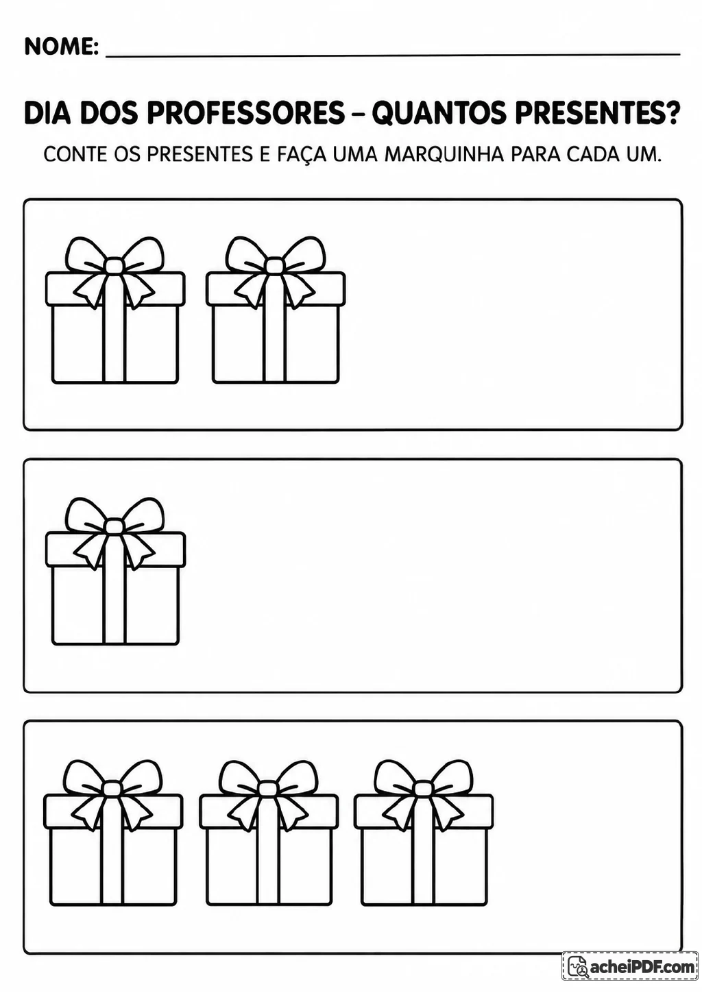Três quadros de contagem: o primeiro tem dois presentes, o segundo tem um presente e o terceiro tem três presentes.