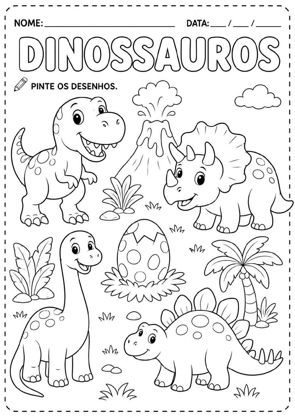 Cena para colorir com quatro dinossauros, incluindo tiranossauro, tricerátopo e estegossauro, perto de um ovo rachado.