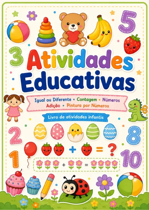 Capa colorida com o título “Atividades Educativas”, urso, bananas, morangos, bola de praia, dinossauro, joaninha, flores, cupcakes e numerais.