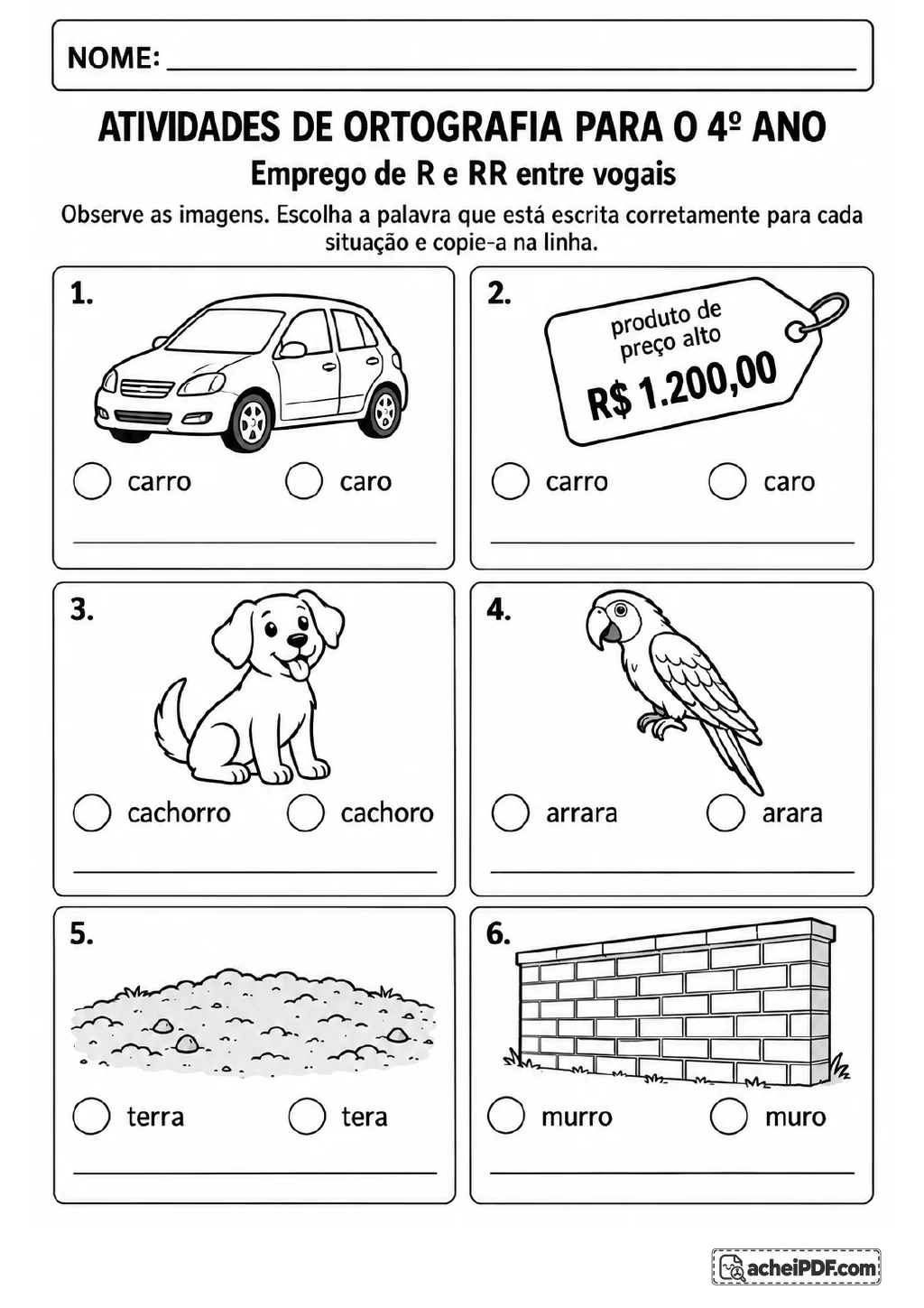 Seis quadros em preto e branco mostram um carro, uma etiqueta de preço, um cachorro, uma arara, terra e um muro.