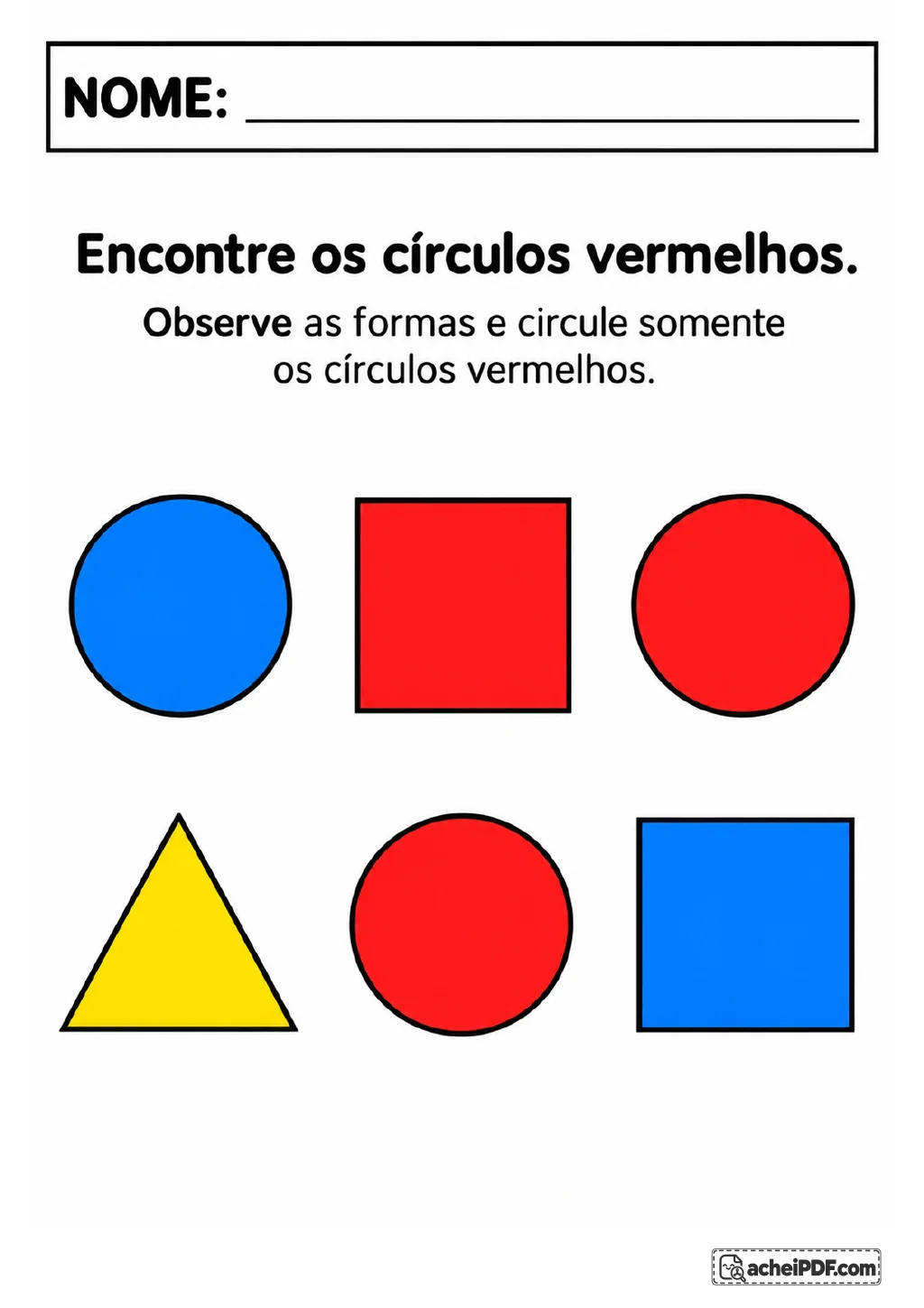 Seis formas geométricas coloridas: dois círculos vermelhos, um círculo azul, um quadrado vermelho.