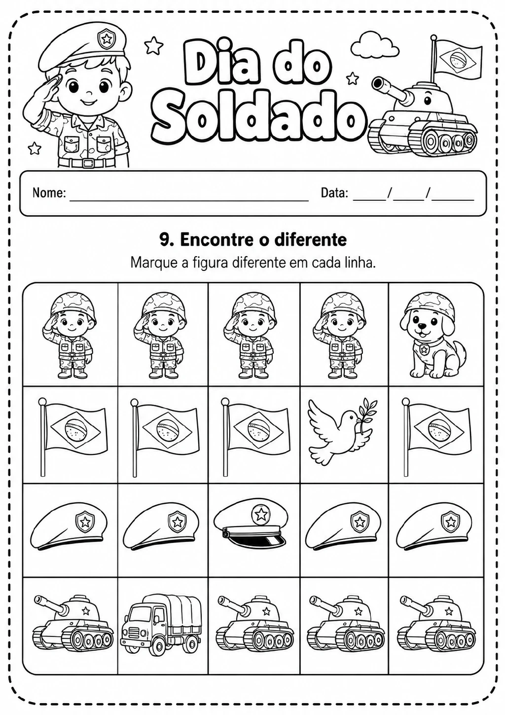 Quatro linhas de figuras para comparar e marcar a diferente, com desenhos de soldado e cachorro.
