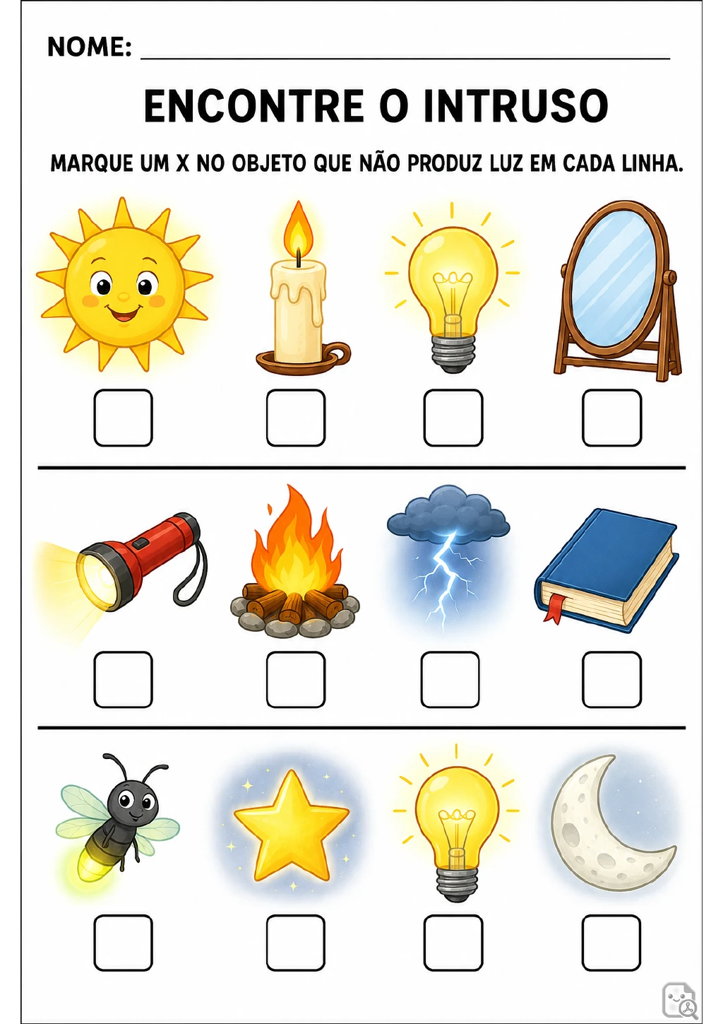 Três linhas com quatro ilustrações cada têm caixas para marcação abaixo das figuras; entre os itens aparecem espelho.