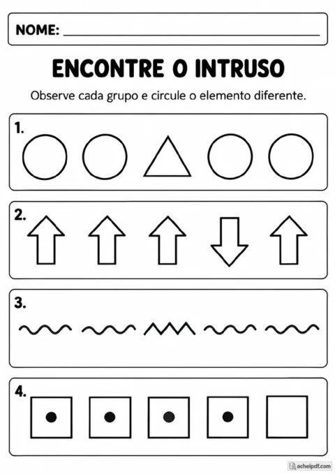 Quatro caixas numeradas para encontrar o intruso, com círculos e um triângulo, setas, linhas onduladas e em zigue-zague.