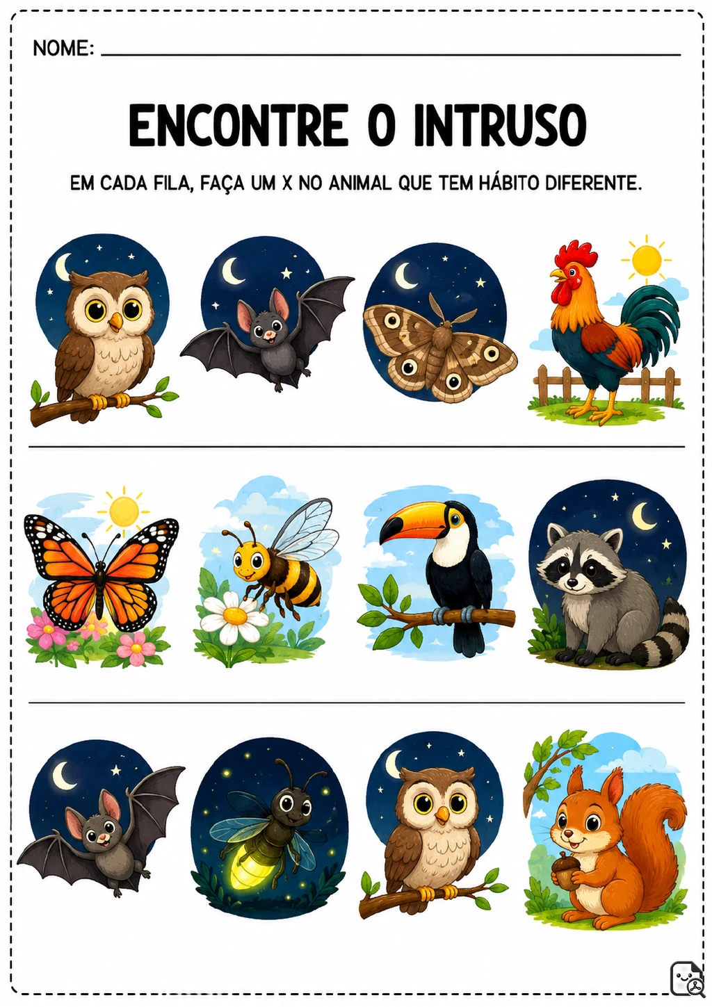 Três filas de animais para identificar o intruso; a primeira mostra coruja, morcego, mariposa e galo.