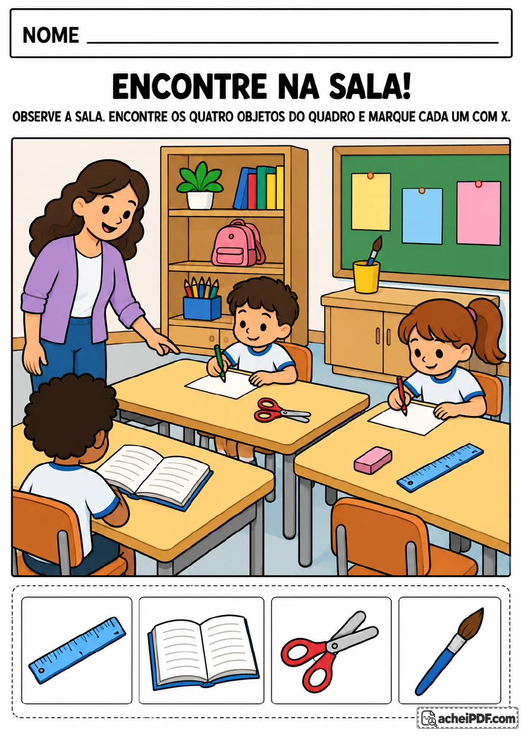 Ilustração colorida de sala de aula com professora, três crianças, mochila e quadro; na parte inferior, cartões com régua.