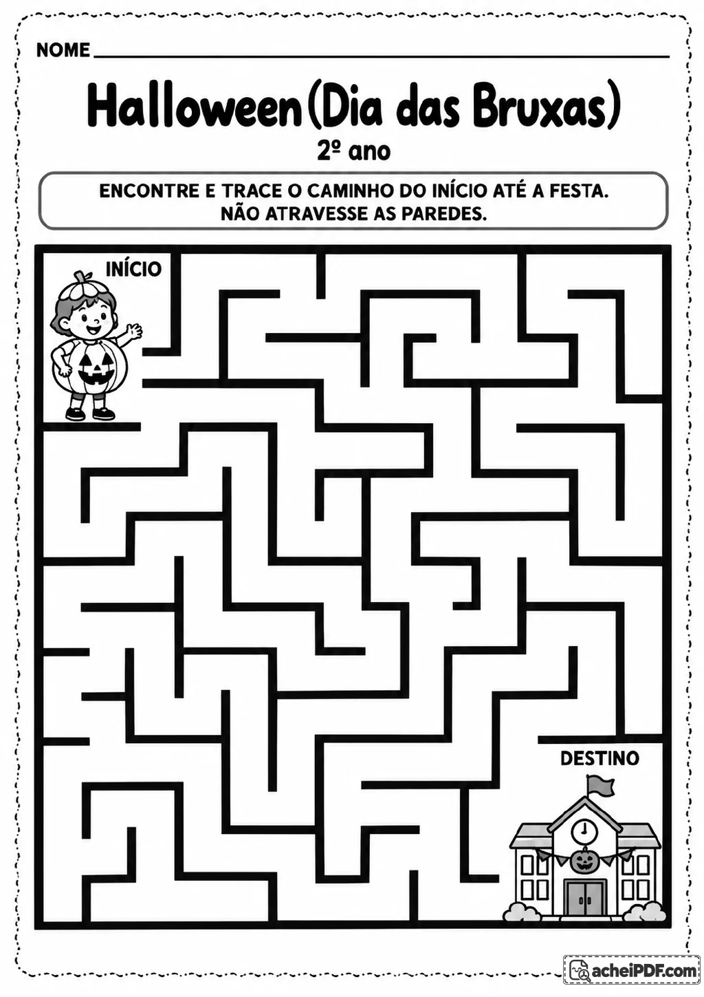 Labirinto em preto e branco com uma criança fantasiada de abóbora no ponto de início.