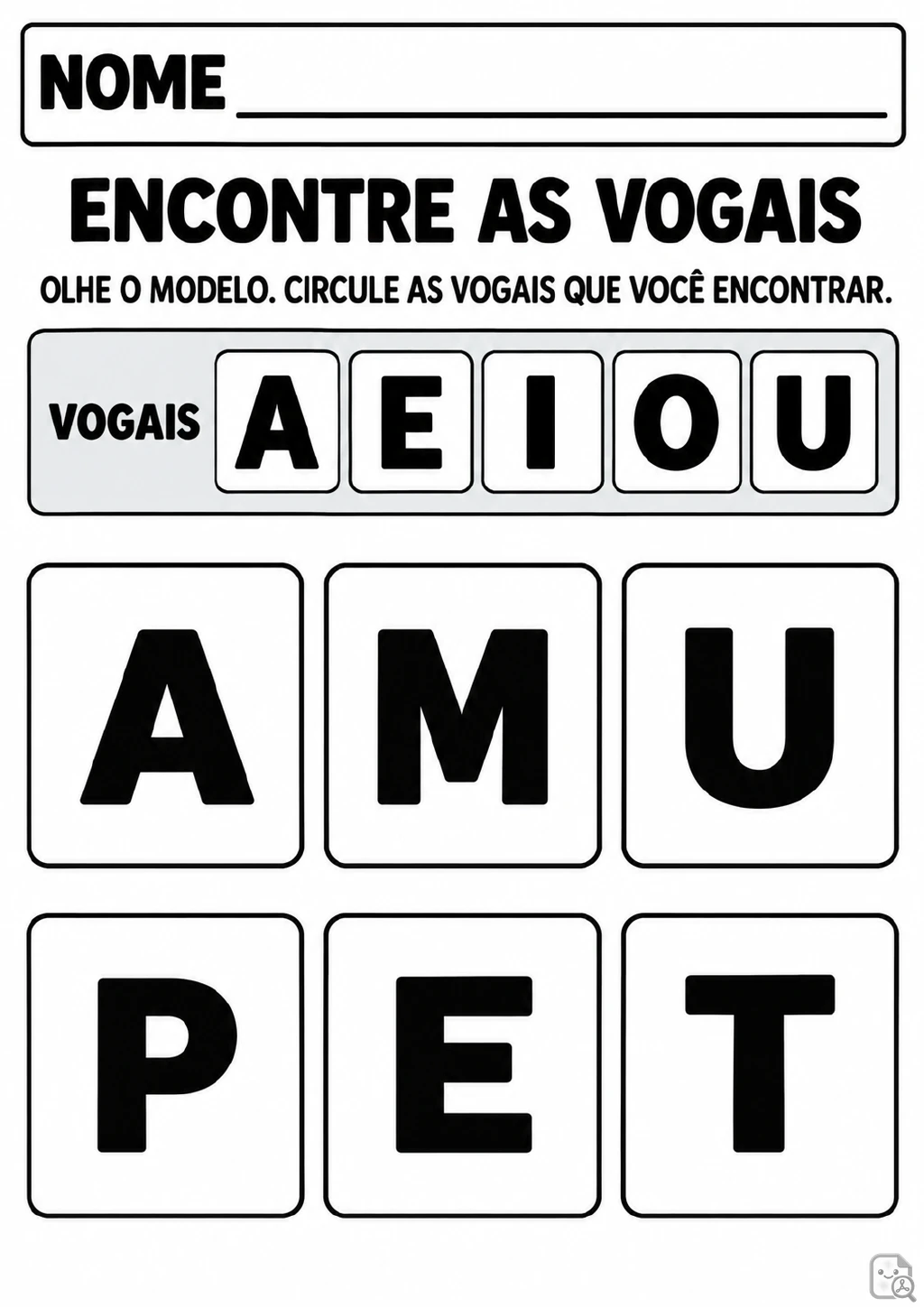 Grade com seis letras grandes — A, M, U, P, E e T — acompanhada de um modelo com as vogais A, E, I.