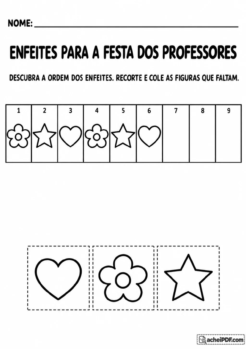 Sequência numerada de 1 a 9 com flor, estrela e coração nas posições iniciais, lacunas em 7, 8 e 9 e peças para recortar.