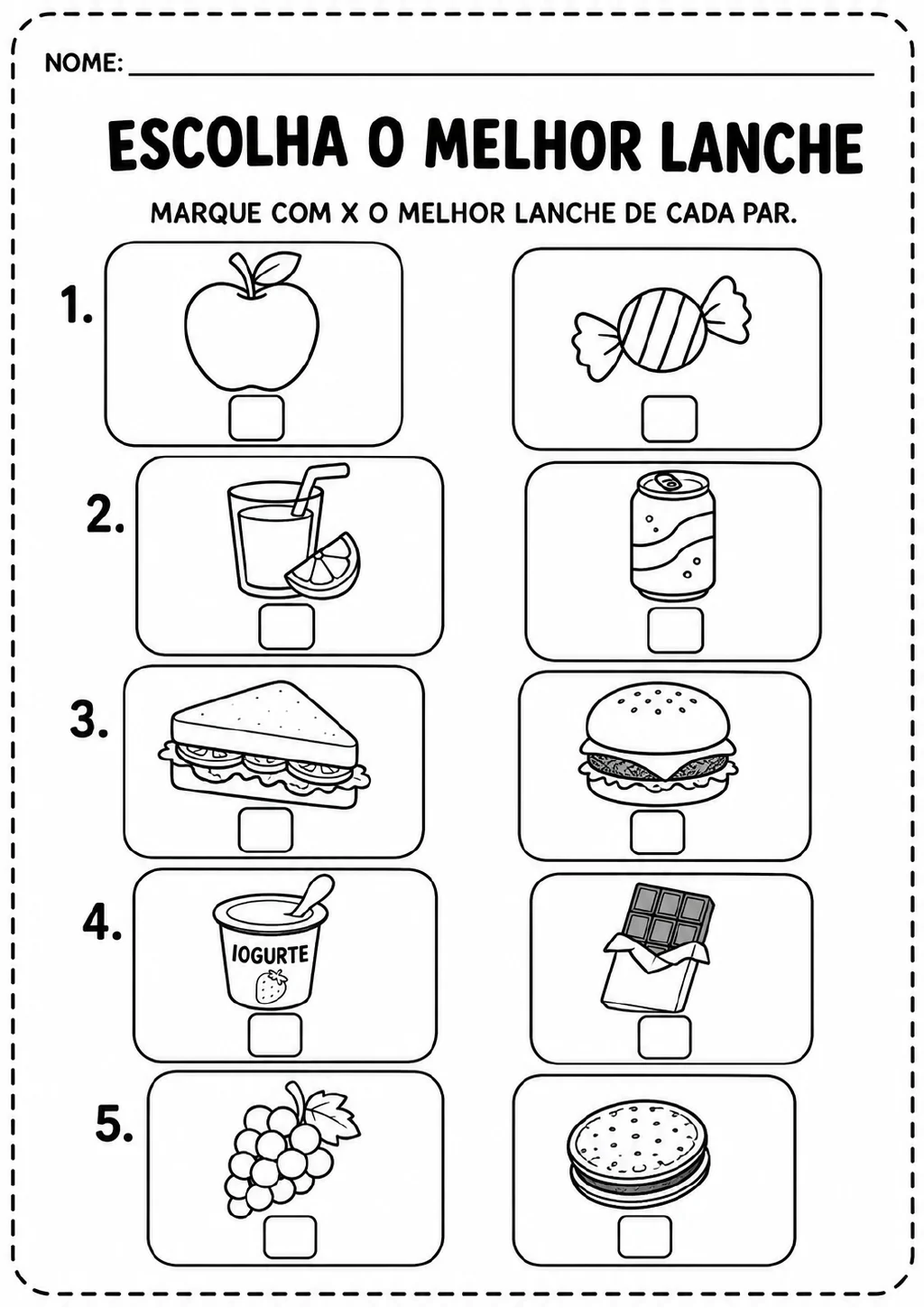 Cinco pares numerados de alimentos e bebidas em cartões com caixas de marcação, incluindo maçã e doce, suco e refrigerante.