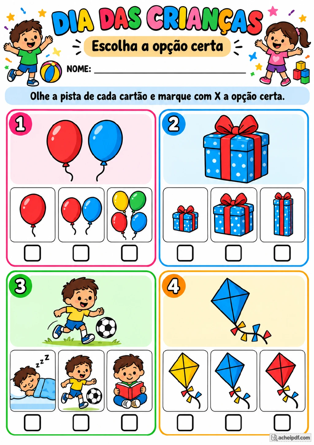 Quatro cartões numerados com imagens-modelo de balões, presente, menino jogando futebol e pipa.