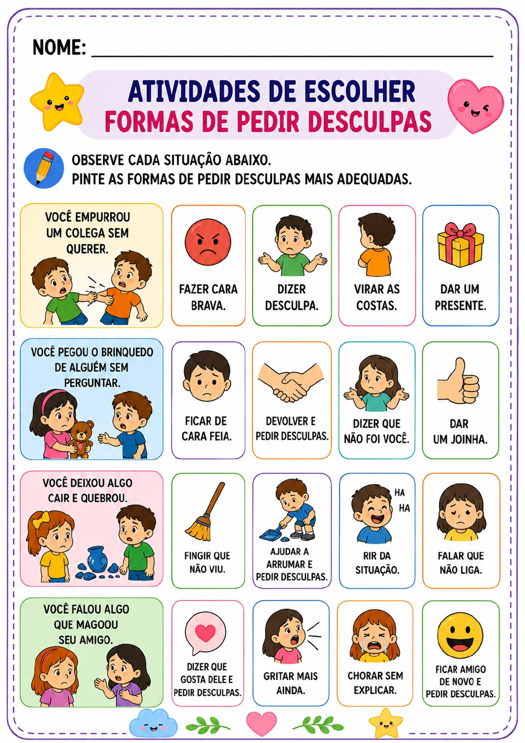 Quatro situações com crianças, brinquedo, presente e vaso quebrado aparecem com cartões de ações para pintar.