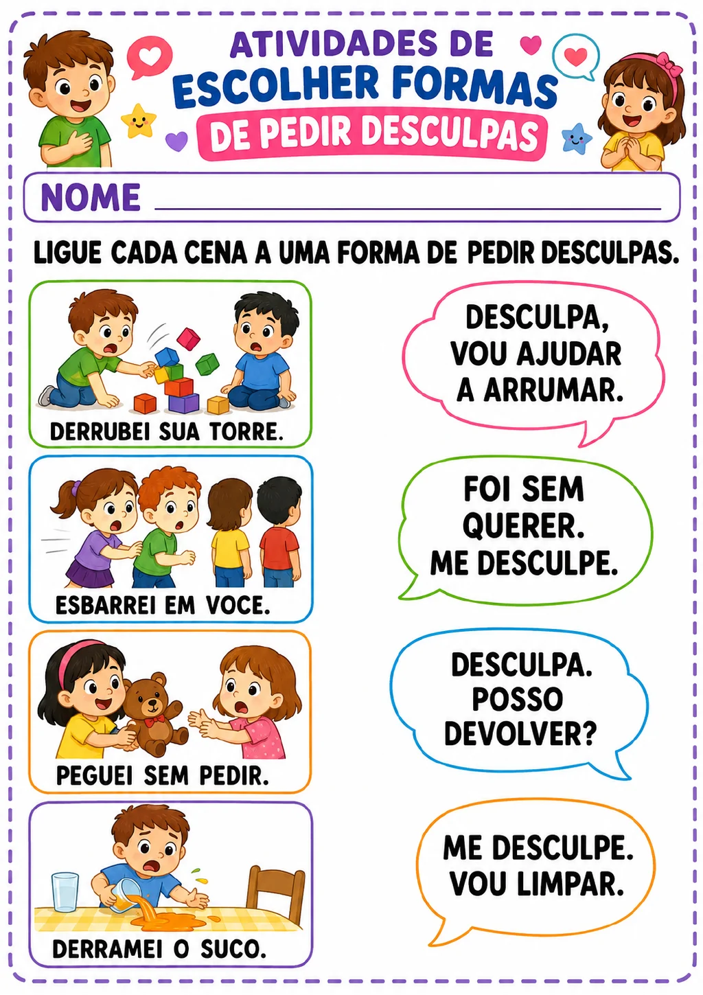 Quatro quadros mostram uma torre de blocos caída, um esbarrão entre crianças, um ursinho e um copo com suco derramado.