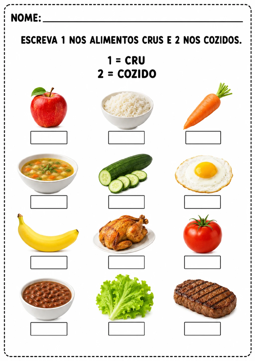 Doze figuras de alimentos com campos retangulares para escrever números; a legenda diz “1 = cru” e “2 = cozido”.