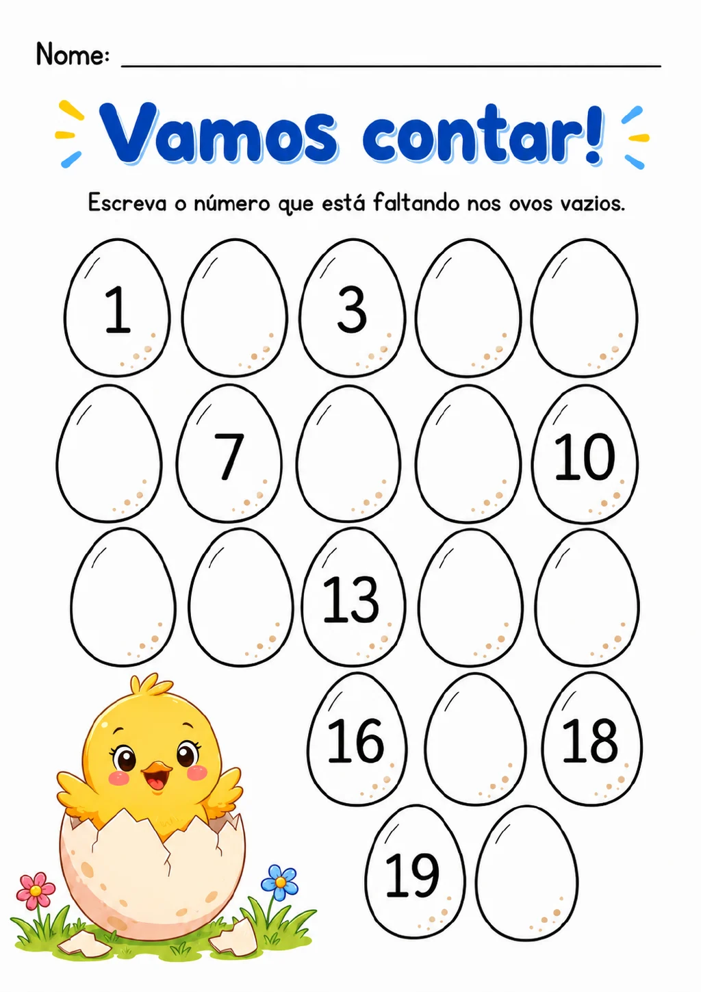 Ovos para completar a sequência de 1 a 20, com os numerais 1, 3, 7, 10, 13, 16, 18 e 19 visíveis.