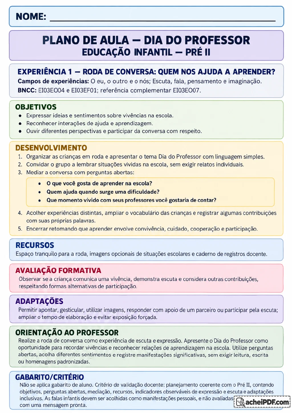 Página colorida de plano de aula para o Dia do Professor, organizada em caixas de texto com objetivos.